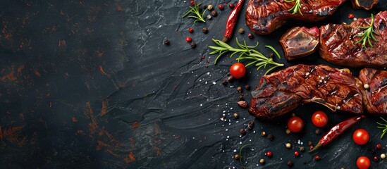 Wall Mural - Top view of grilled ribeye beef steak seasoned with red wine, herbs, and spices, with available space for text.