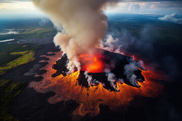 Wall Mural - volcano eruption from a bird view. volcano crater and magma flow shot from above. genertated ai.