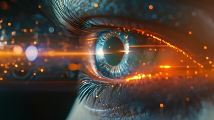 Fototapete - Close-up view of an eye with a digital overlay, depicting tech-enhanced vision.