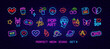 © VRTX - Pop art neon icons set 9. Retro Neon sign pop art 90s . Vector Neon light banner, emblem set of heart, gamepad, audio cassette, coffee pizza, cherry, cocktail.  Bar and night club glow neon icon sign
