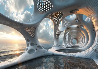 Wall Mural - Futuristic organic architecture with a view of the sea