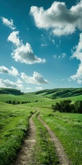 Poster - Countryside dirt road through green rolling hills