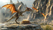 Pteranodon perched on a rock, blowing out candles on a cake delivered by another flying dinosaur.
