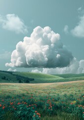 Wall Mural - A beautiful green field with a large white cloud in the sky