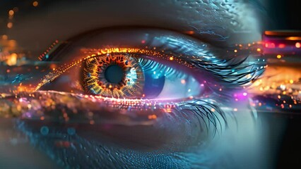 Fototapete - Macro shot of an eye with superimposed digital graphics reflecting technology integration.