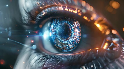 Fototapete - Close-up of an enhanced cyber-eye with glowing digital overlays.