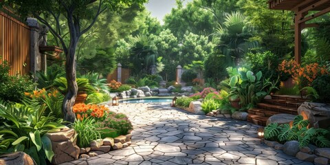 Canvas Print - Courtyard with a stone path, surrounded by lush greenery and a variety of plants and flowers