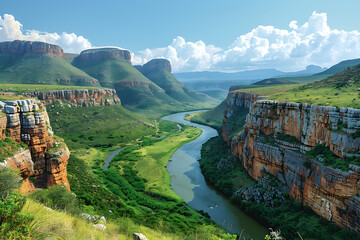 Poster - landscape with river and mountains