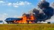 Description Commercial jet disaster on runway with burning wreckage engine fire and rescue efforts. Concept Emergency Response, Airplane Accident, Runway Incident, Aircraft Rescue Operations
