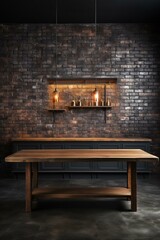 Poster - Rustic wooden table in front of a brick wall