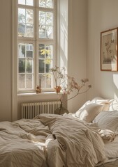 Wall Mural - A cozy bedroom with a large window and a vase of flowers