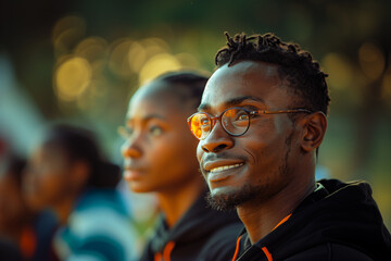 African Games athletes displaying sportsmanship and camaraderie on and off the field .A man and a woman in glasses smile happily at an event