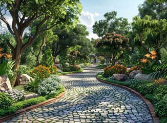 Canvas Print - Stone path in a lush garden