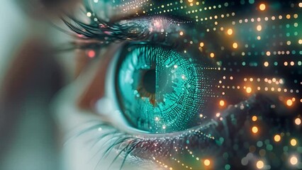 Fototapete - Close-up of a persons blue eye with a circuit board overlay, showcasing the fusion of human biology with technology.