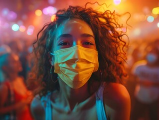 Sticker - Curly-haired woman in a yellow mask at a party