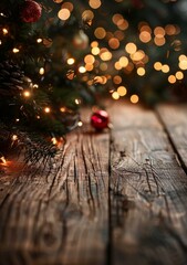 Wall Mural - rustic christmas background with fir tree branches and red bauble