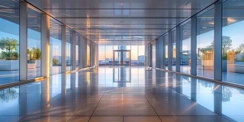 Canvas Print - Modern empty corridor interior with glass walls and bright cityscape view