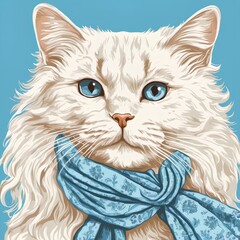 Poster - AI generated illustration of a white long-haired cat with a sky-blue scarf