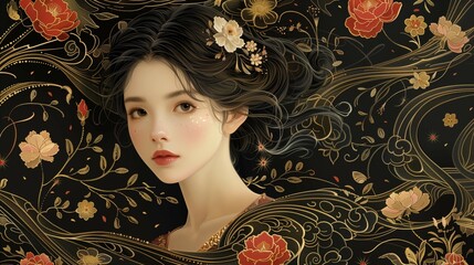 Wall Mural - Stylized Floral Motifs Surrounding a Woman in Art Nouveau Style, generative ai