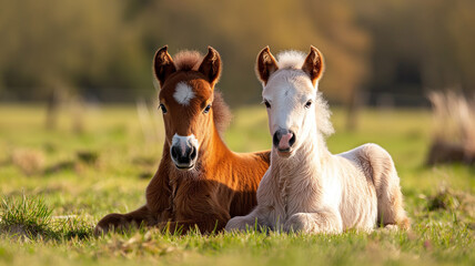 two little baby colt sitting on the grass. animals photography