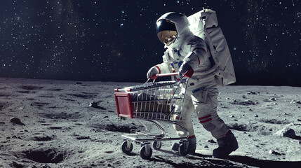 fantasy concept, photo from a spaceship on the moon (low quality) an astronaut pushing shopping cart