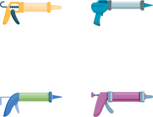 Caulk gun icons set cartoon vector. Various metal silicone caulk gun. Construction and repair equipment