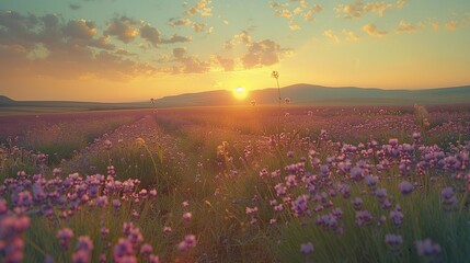 Sticker - Vintage Purple Hues: Sunset Lavender Field, generative ai