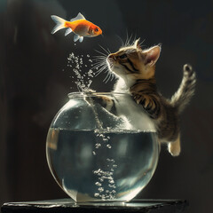 Wall Mural - kitten tries to catch a fish jumping out of an aquarium