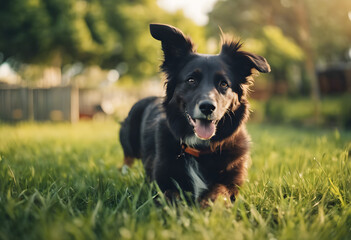 A playful black dog with a bright orange collar running joyfully in a sunlit grassy field. International Dog Day.