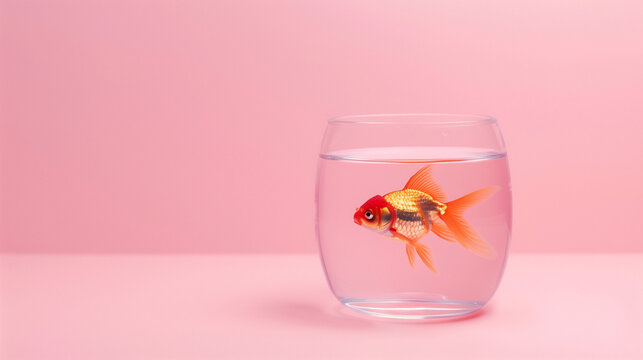 a single goldfish in a clear jar, viewed at eye level. The background is a soft pastel pink, providing a calm and clean aesthetic, Generative AI