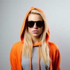 Sticker - Portrait of a blonde woman in an orange hoodie and sunglasses