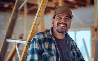 Portrait of happy Hispanic man working on new housing project. Professional latino worker using ladder and smiling at camera