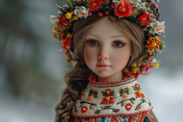 Ukrainian folk doll in national clothes and a flower wreath