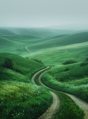 Poster - Countryside dirt road through green rolling hills