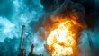A fire and explosion at an oil refinery release dark smoke. Concept Industrial accidents, Environmental hazards, Air pollution, Emergency response, Oil refinery explosions