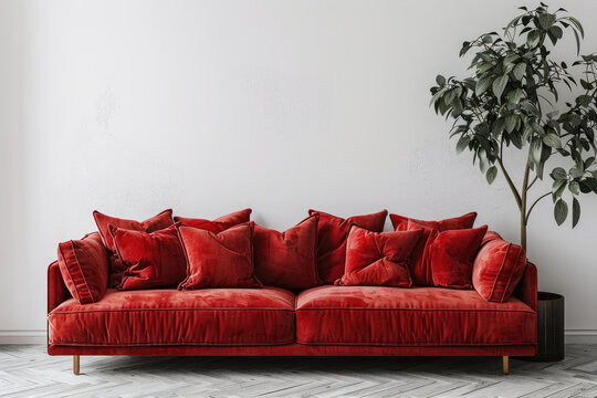 Livingroom interior wall mock up with red fabric sofa and pillows on white background with free space on right. 3d rendering