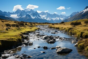 Scenic mountain river landscape with snow capped mountain peaks in the distance