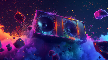 Wall Mural - A music disco sound speakers in colorful dark clouds