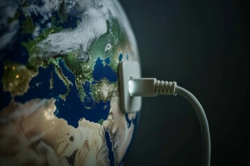 Internet cable plugged into earth planet globe from space