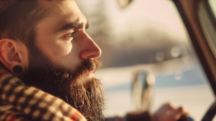 Wall Mural - Bearded Driver in Winter Sunlight