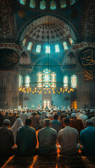 Recreation of muslim praying inside a big mosque	