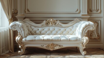 Canvas Print - A white couch sitting in a room with gold trim, AI