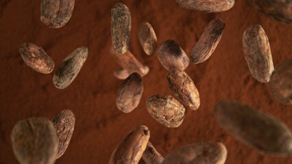 Poster - Freeze motion of flying group of cocoa beans.