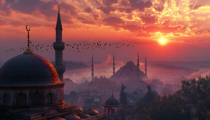 Recreation of a mosque with minaret in a muslim city at sunset with birds flying	
