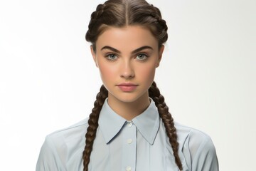 Wall Mural - Portrait of a young woman with brown hair and blue eyes wearing a blue shirt