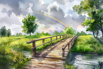 wooden bridge, river, rainbow, forest, watercolor drawing style, country summer landscape wallpaper, bright picture