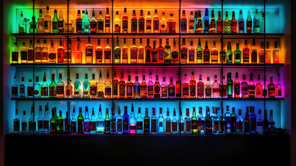 Multi-colored bottles of alcohol in bar, restaurant or liquor store