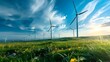 Wind turbines in a meadow generating green energy under an open sky. Concept Renewable Energy, Wind Turbines, Meadow Landscape, Green Technology, Sustainable Development