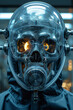 A close up of a skull wearing an astronaut suit with glowing eyes, AI