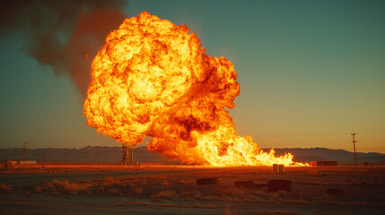 Canvas Print - A massive fireball explosion in a desert setting, with intense flames and smoke against a clear sky.